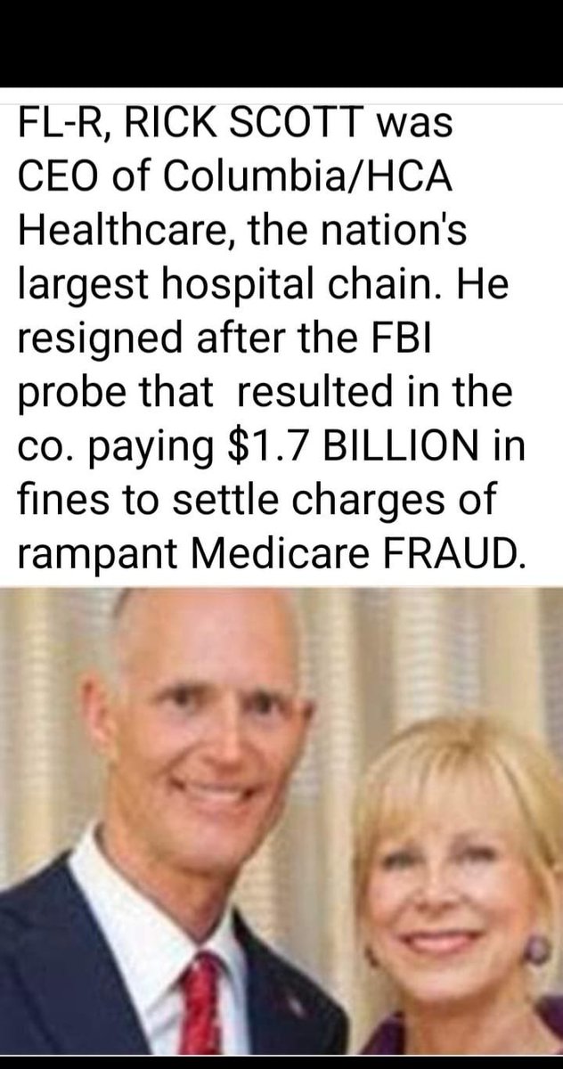 Rick Scott pled the 5th 75 times in a fraud case walked away with 300 million and got elected to the Senate. Way to go Florida. 🙄🙄🙄