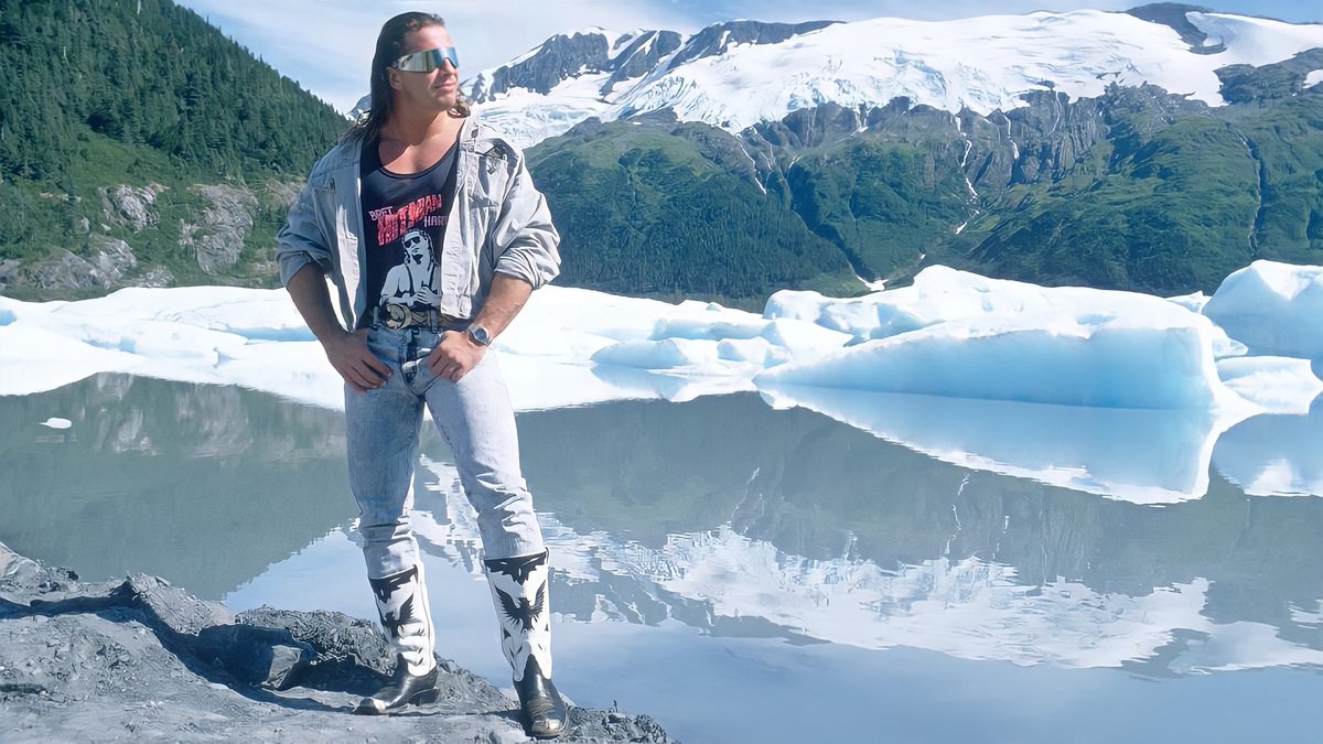 This picture of Bret Hart in double white denim in front of a lake should be on Canadian currency.
