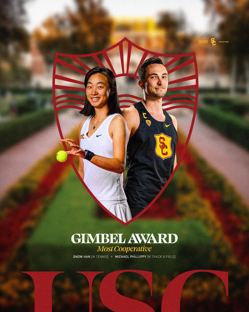 Congratulations to @USCWomensTennis' Snow Han and @USC_Track_Field's Michael Phillippy on winning the Gimbel Award for Most Cooperative at student-athlete graduation!