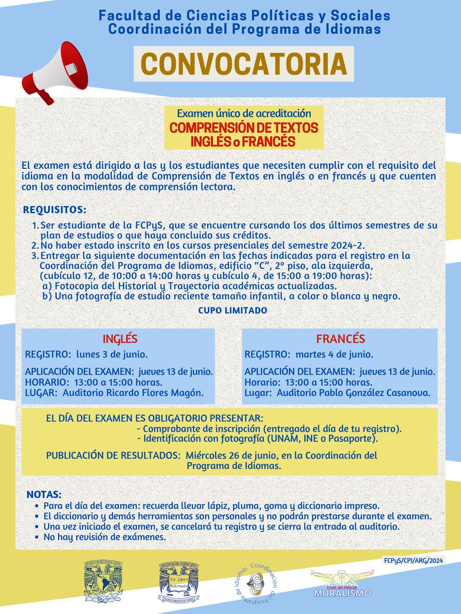 📣 ¡Examen Único de Acreditación! 📣 🗯 Comprensión de Textos Inglés o Francés 🗯 📝 Inscripción Inglés 3 de junio Francés 4 de junio @MediatecaFCPyS || #Mediateca #Inglés #francés #FCPyS #UNAM