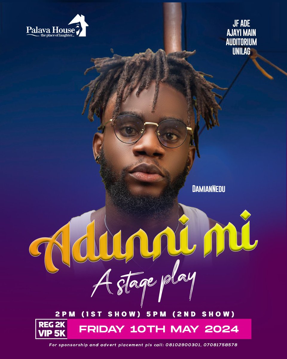 If you're interested in unwindin with a stage play tomorrow, JF Ade Ajayi Main Auditorium, Unilag is the place to be. Come see 'Adunni Mi'.  I'll be performing at the second show ❤️