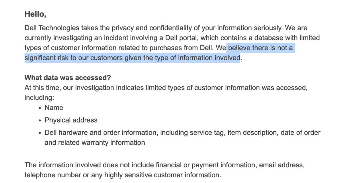 Oh not a big deal, just our office & datacenter address & our hardware details. That's not sensitive at all.

#Dell #DataBreach
