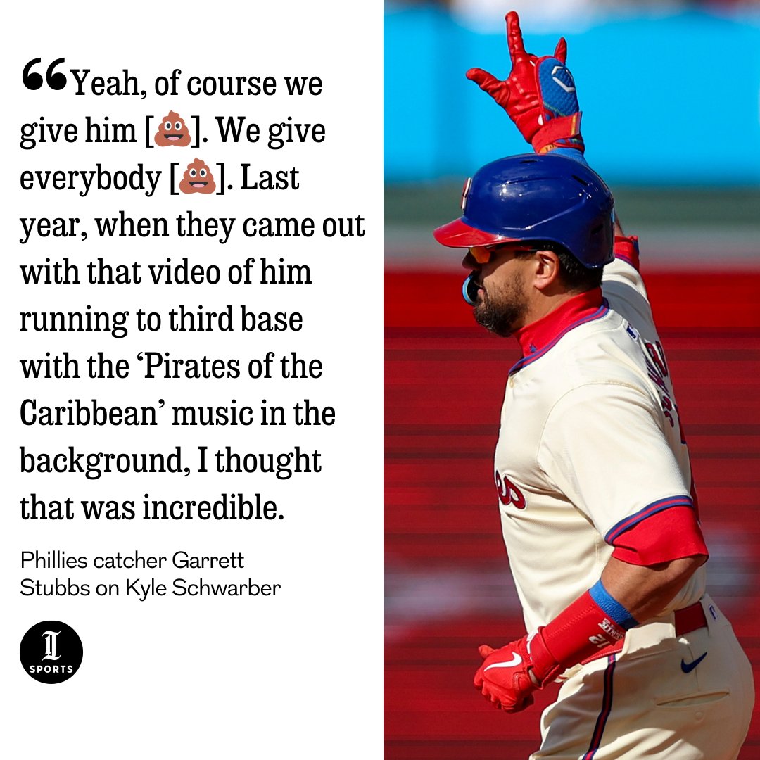 After an offseason of working hard on mobility exercises, Kyle Schwarber is moving better around the base paths than he has in recent years. His teammates have noticed — and appreciate the hustle — but still enjoy teasing him. More here: inquirer.com/phillies/kyle-…