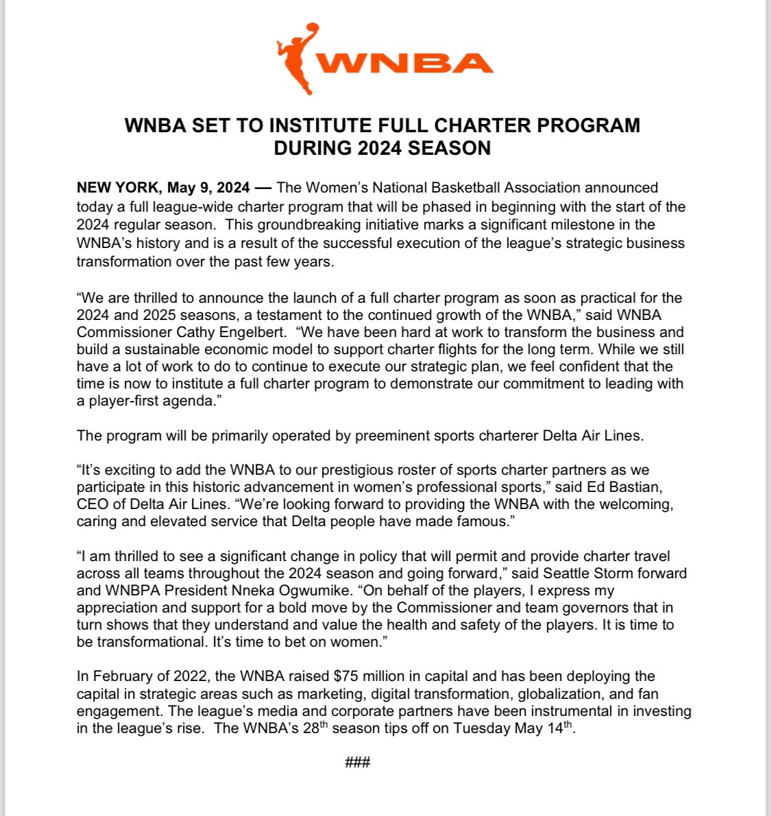 The WNBA has officially announced its league-wide charter flight program. Delta Air Lines will operate the flights and teams will have access to the planes starting next week. The WNBA has previously said this program would cost about $25 million per season. That's progress 📈