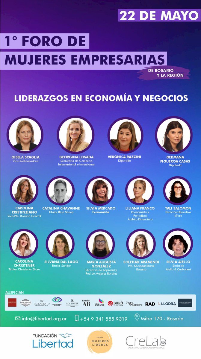 El próximo Miércoles 22 de mayo, desde las 08.30hs, no te pierdas el primer Foro de Mujeres Empresarias de Rosario y la región. Estaremos junto a un gran panel de disertantes con quienes debatiremos los desafíos de los liderazgos en economía y negocios. Inscripciones vía: