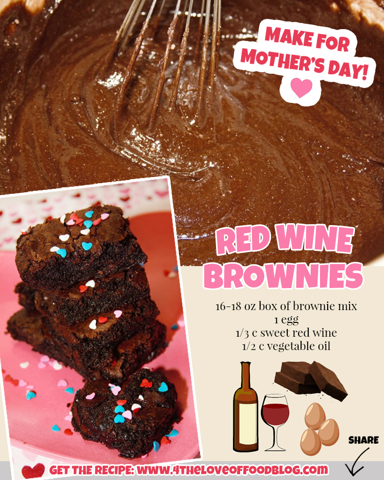 Mother's Day is this Sunday! These Red Wine Brownies are a decadent dessert that would make a delicious Mother's Day treat. #MothersDay #easyrecipe 4theloveoffoodblog.com/red-wine-brown…