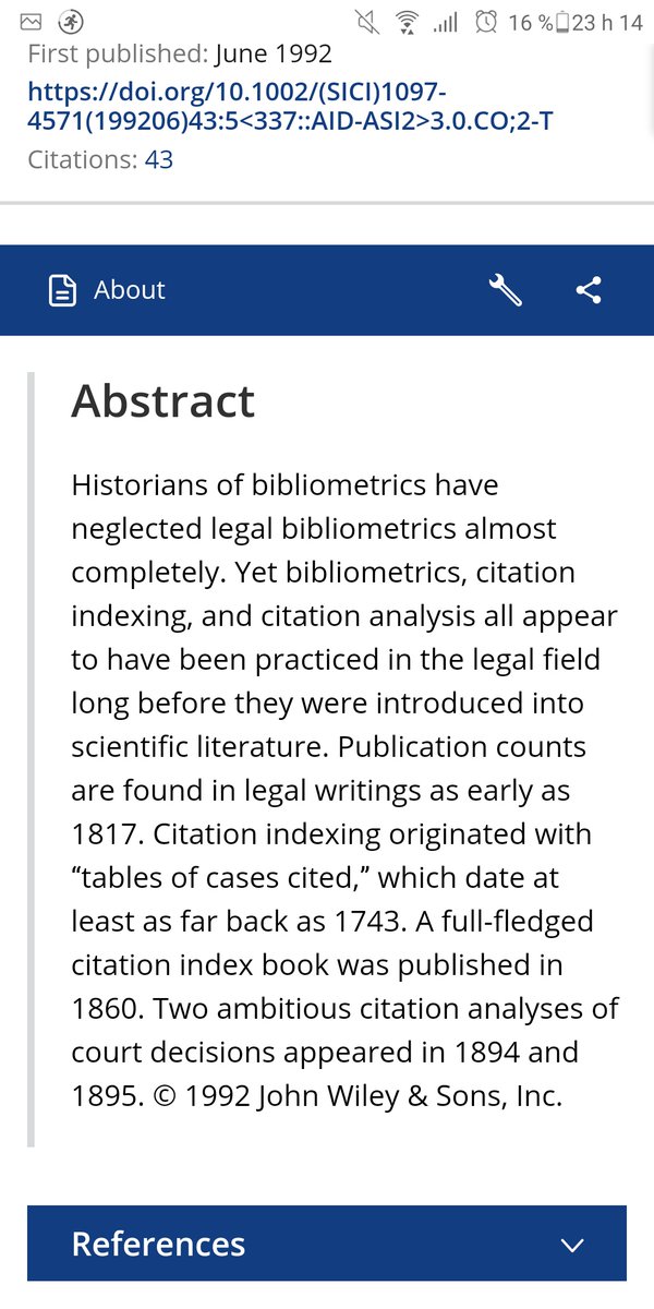 @TrippDinger @TimDLydon Shapiro, F.R. (1992), Origins of bibliometrics, citation indexing, and citation analysis: The neglected legal literature. J. Am. Soc. Inf. Sci., 43: 337-339.
(2/2)

Shepard's Citations (1873) is the most well known early case of citations, but there are earlier ones. My bad.
