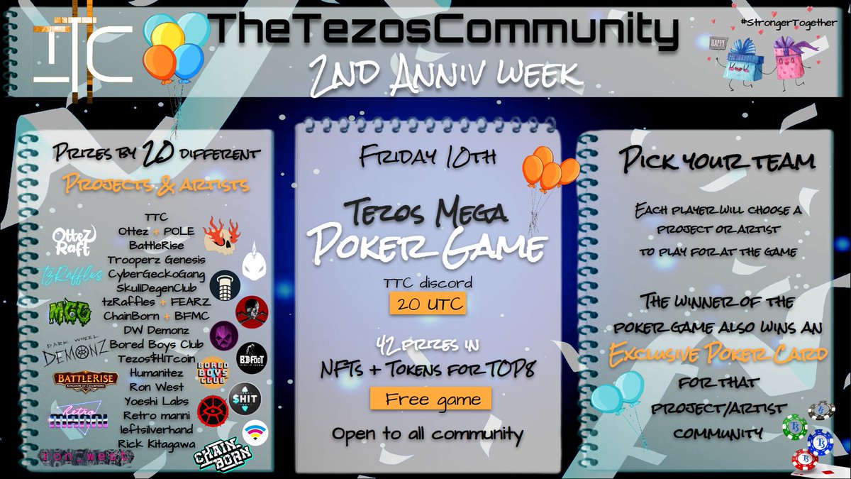 Tezos Poker Tournament TODAY at 20 UTC!

We're celebrating TTC's 2nd Anniversary Week, so we've organized a special free poker game to bring projects, artists and the #tezoscommunity together at a single event.

40+ prizes from 20 different #tezos projects & artists from all