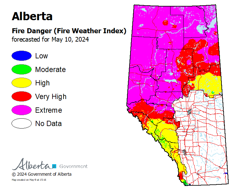 Extreme fire danger across much of the Alberta boreal tomorrow, due to warm, dry, breezy conditions and a dry cold front through the afternoon. A good time to be extremely cautious out there!