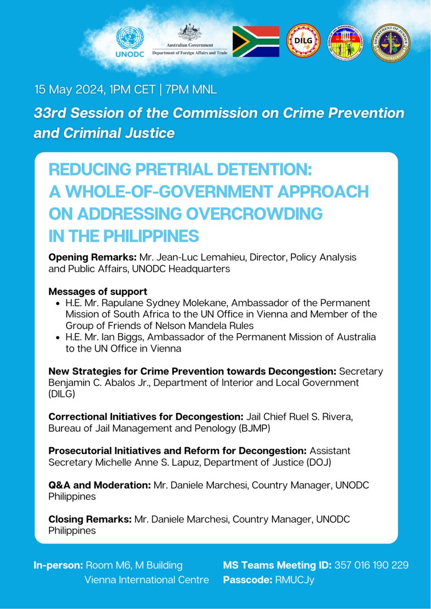 🔊Join our Side Event 'Reducing Pretrial Detention: A Whole-of-Government Approach on Addressing Overcrowding in the Philippines' during the @UNODC 33rd @CCPCJ 🔊 📅 Wednesday, 15 May 2024 🇦🇹 1PM-2PM Room M6, M Building, VIC 🇵🇭 7PM-8PM: rb.gy/8fgf6j @UNPhilippines