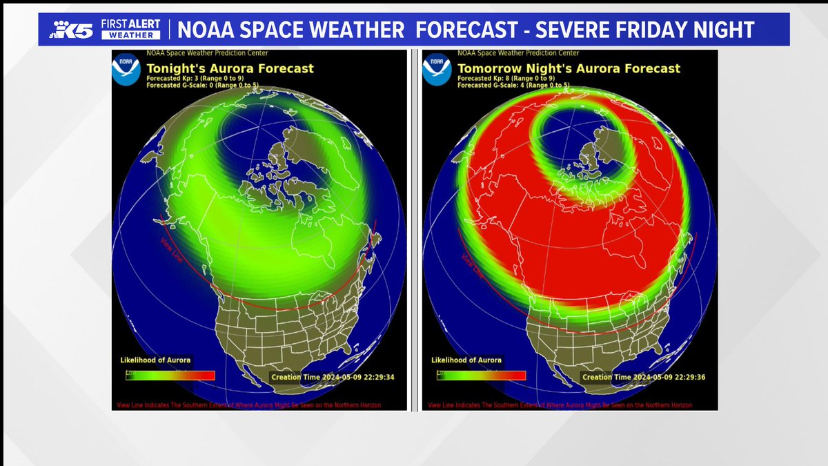 The @NWSSWPC issued a rare severe Geomagnetic Storm Watch Friday/Saturday! The impact of this storm is likely to produce auroras that may extend southward to Washington state Friday night. We are expecting mainly clear skies + we just had a new moon = 👍🏽👍🏽