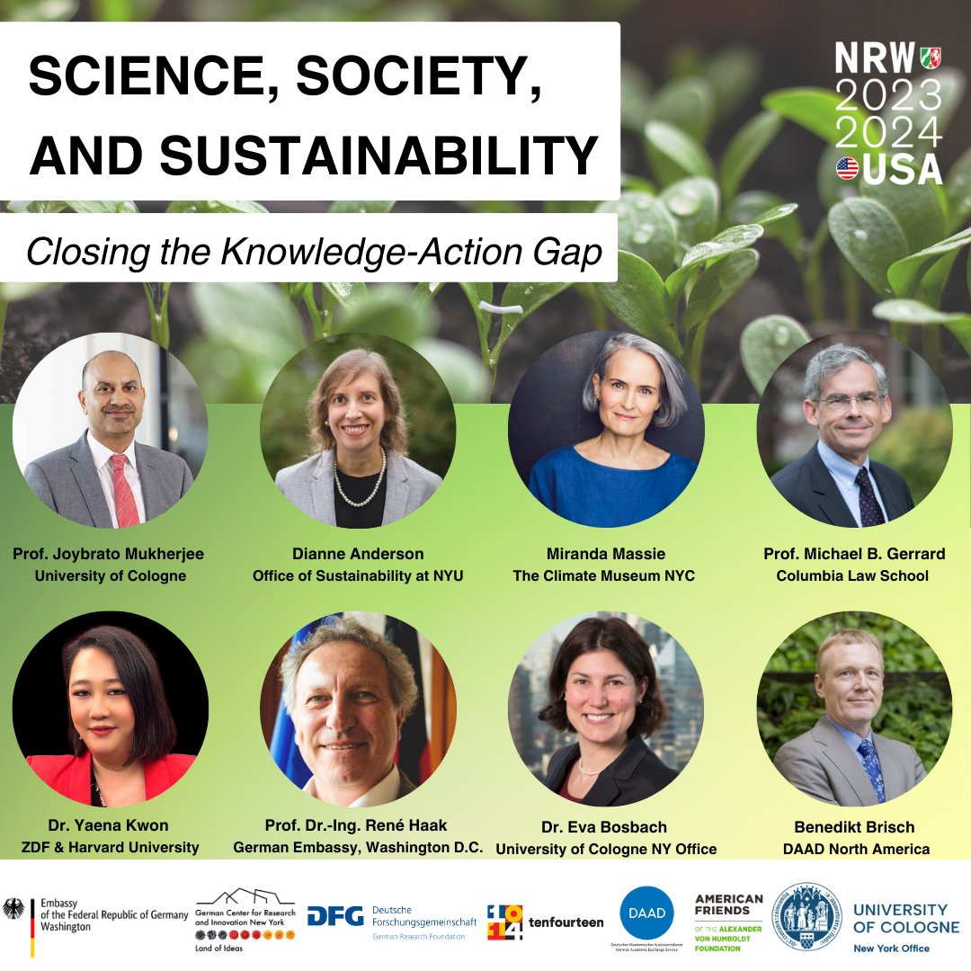 📢RSVP now to join us in two weeks! Panel discussion in #NYC on #science, #society, and #sustainability with the new Rector of @UniCologne | @DAAD_Germany President Prof. Mukherjee & panelists Miranda Massie, @MichaelGerrard, and Dianne Anderson. Moderated by @YaenaKwon!🎙️