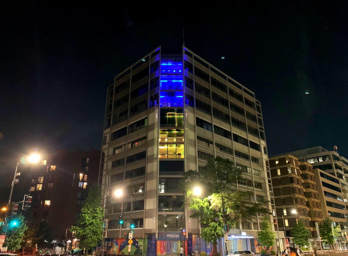 Closing out a wonderful #EuropeDay by showcasing our office building lit in that famous blue and gold. 🤩 We could not be prouder of what the European Union has accomplished in 74 years, and that our U.S. Delegation has played a small part. Happy #EuropeDay to all! @eu_eeas