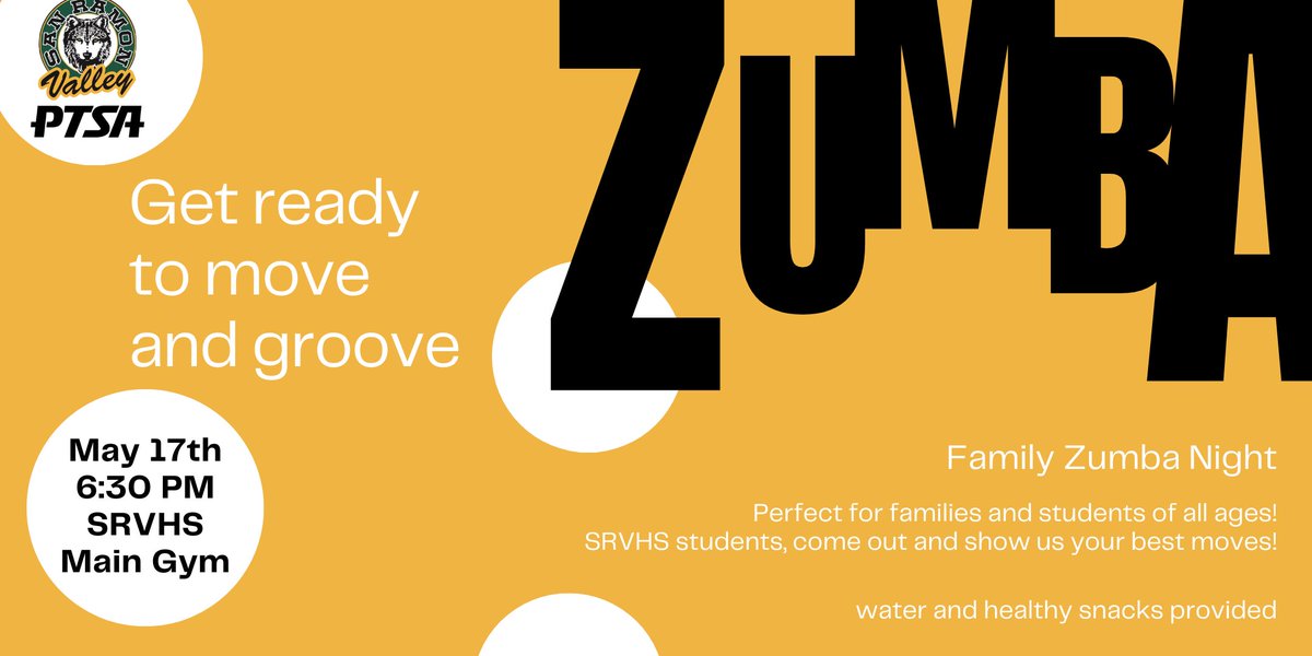 🎉 Feel the beat, move your feet, and wave goodbye to end-of-school year stress! 🎉 Join us for a night of Zumba at the SRVHS Main Gym this Thursday at 6:30 PM. It's not just a dance party—it's a self-care revolution! RSVP: tinyurl.com/SRVHS-zumba