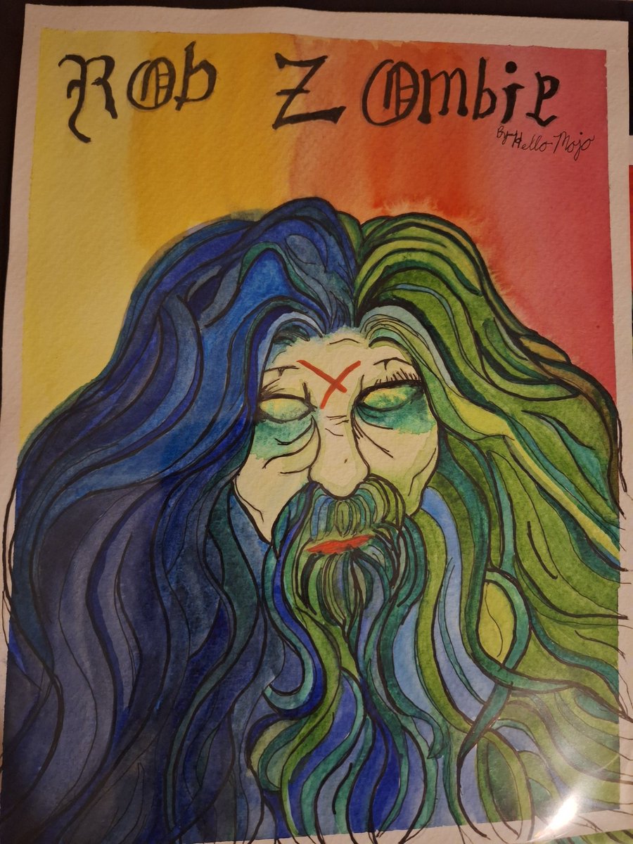 Yeah... I love Rob Zombie.  I painted the Hellbilly Delux album cover.  Cuz that's a thing I do. I love music,  I basically can't function without it. 🤷‍♀️ 

#hellomojoart #robzombie #music #fanart #hellbillydeluxe #artistwithadhd #selftaughtartist #watercolors #rocknroll