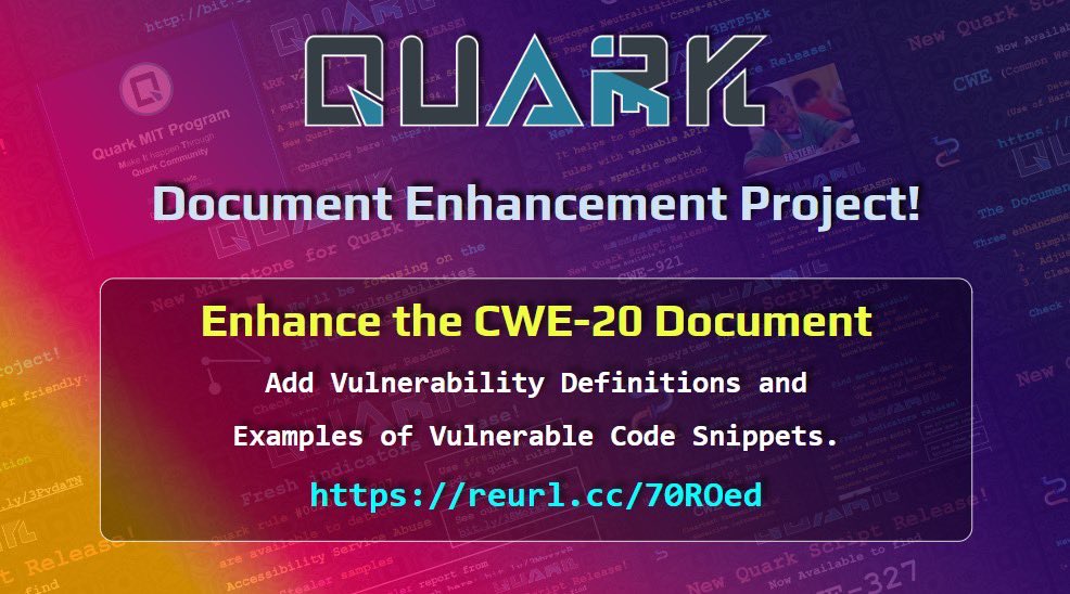 🎉 Document Enhancement Project!

📚 We have enhanced the CWE-20 documents with definitions of vulnerabilities and examples of vulnerable code snippets.

🙏 Thanks to @ZhiHTsai for the contribution

🔗 Check:  reurl.cc/70ROed

#InfoSec #Vulnerability #AndroidSecurity