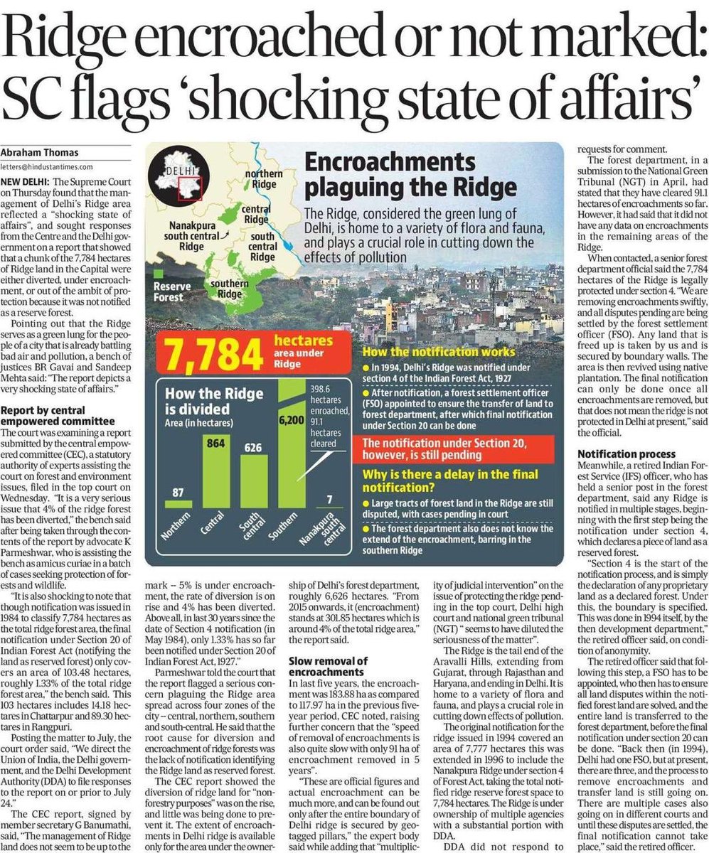 Supreme Court takes firm stand as it seeks responses from the Centre and Delhi govt regarding the sorry state of Delhi's Ridge area. With 4% diverted and 5% under encroachment, urgent action needed to protect this vital green ‘lung’ amid rising pollution concerns! #ClimateAction