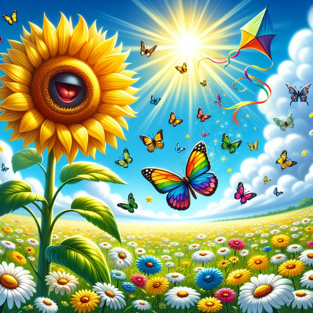'An illustration of an enthusiastic sunflower growing under a vibrant sun, surrounded by a cascade of rainbow-colored butterflies, in a field dotted with bright, playful daisies under a clear blue sky with fluffy white clouds. In t
#AIArt #AI #chatgpt4 #dalle3 #OpenAi #AIFeelings