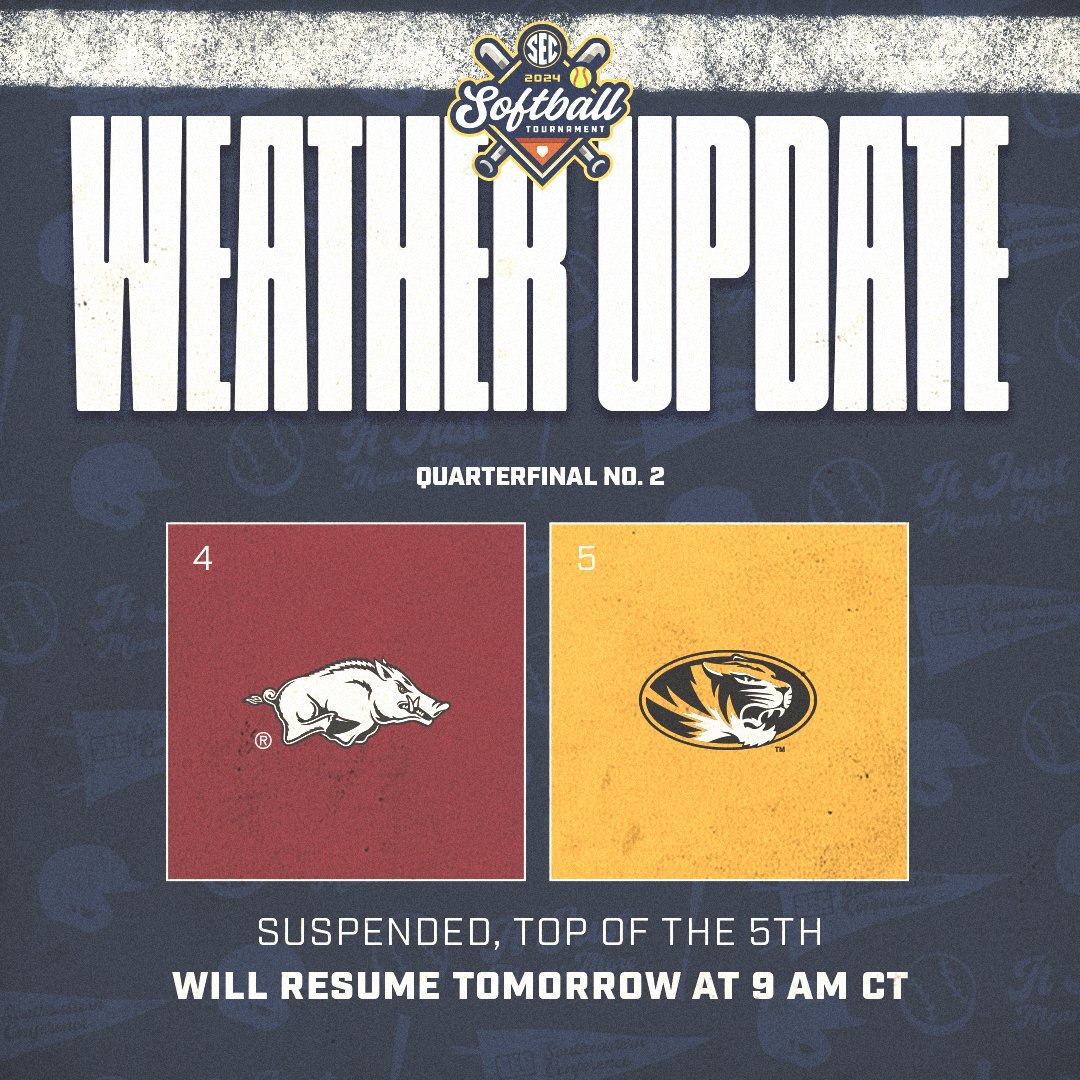 🚨 WEATHER UPDATE

QF2 between <a href="/MizzouSoftball/">Mizzou Softball</a> and <a href="/RazorbackSB/">Arkansas Softball</a> is currently suspended in the Top of the 5th with no outs, and the Tigers leading 2-1. 

Play will resume at 9 AM CT tomorrow.

Additional updates regarding remaining quarterfinal and semifinal games will be provided