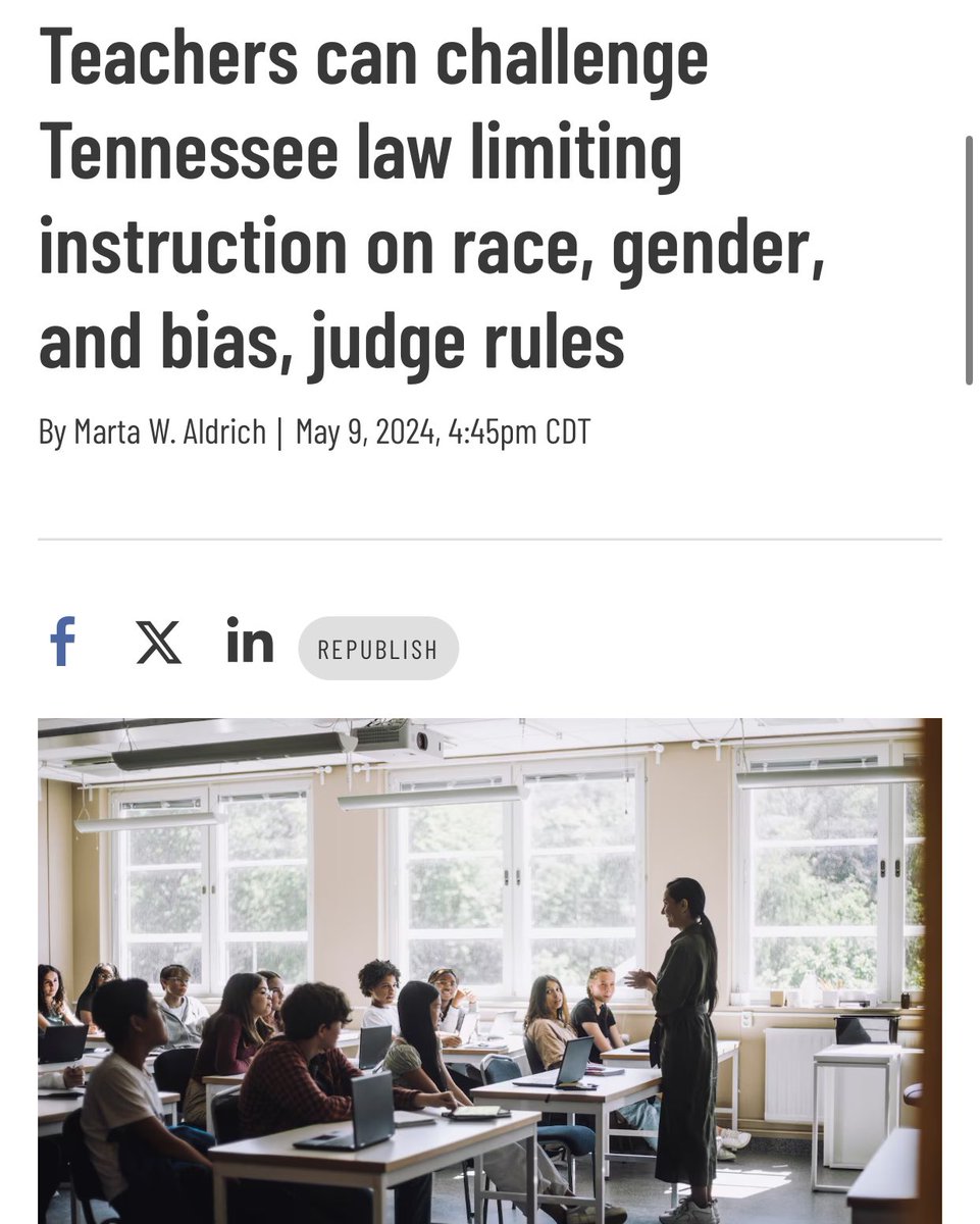 ⚡️ Good news: “Tennessee teachers can move forward with their lawsuit challenging a 3-year-old state law restricting what they can teach about race, gender, and bias — U.S. District Court Judge Aleta Trauger denied the state’s motion to dismiss the case.” chalkbeat.org/tennessee/2024…
