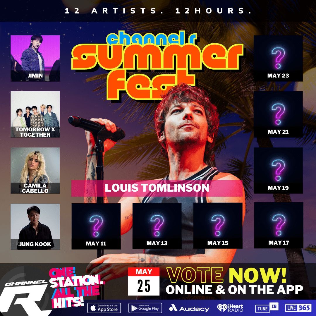 ⛱️#LouisTomlinson is a finalist for #ChannelRSummerFest. 12 hours of music from our listeners 12 favorite artists on May 25! Keep voting to keep him in the Top 12. We're announcing a new finalist every other day. Vote on our website & Radio App here: channelrradio.com/summerfest