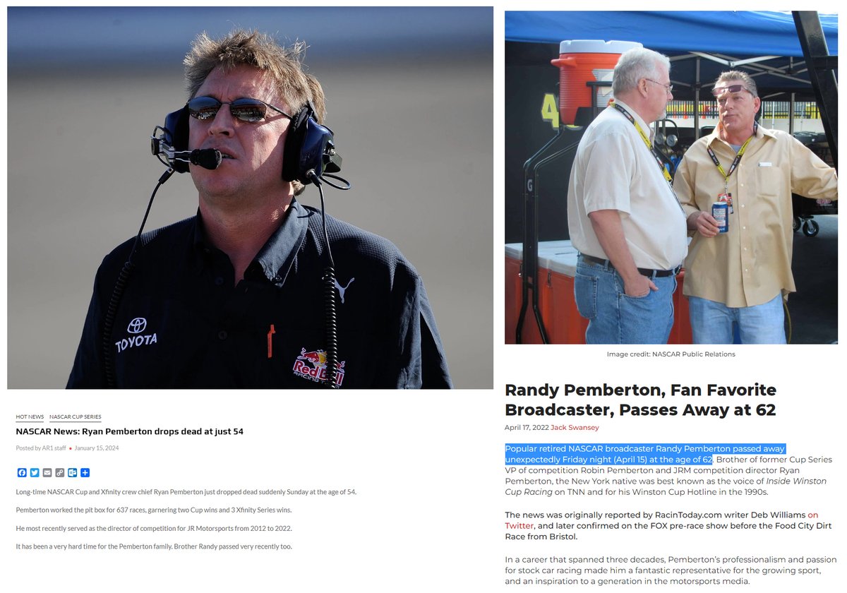 TWO NASCAR BROTHERS DEAD - NASCAR Crew Chief 54 year old Ryan Pemberton 'just dropped dead suddenly' on Jan.14, 2024. His brother Randy died unexpectedly on April 15, 2022. Entire families are being wiped out. #DiedSuddenly