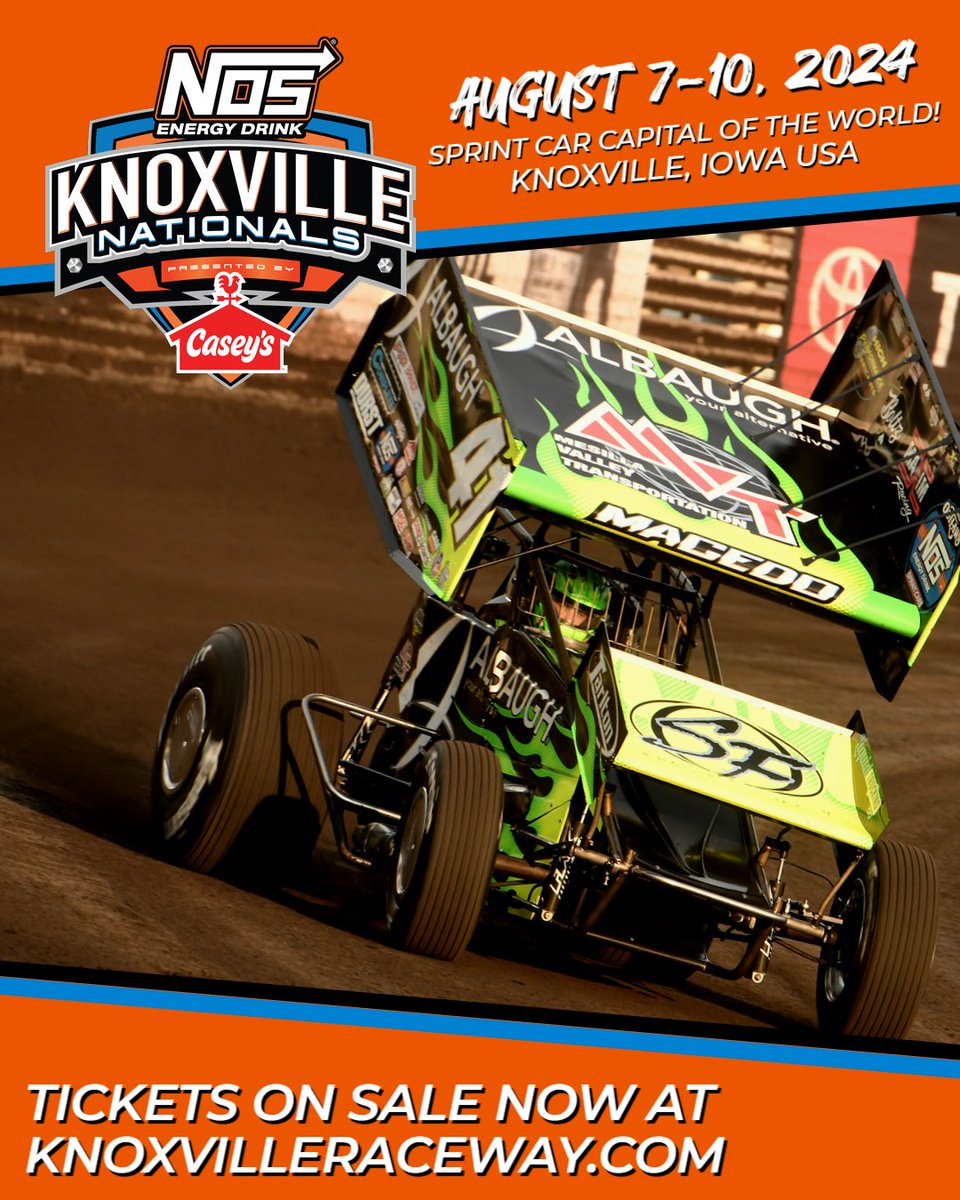 Tickets are on sale now to the 63rd annual @NosEnergyDrink Knoxville Nationals presented by @caseysgenstore! August 7-10. Four nights. 100 sprint cars. $190,000 to Win! Don't wait, order your tickets today!➡️bit.ly/3vgE74c