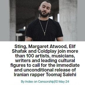 IranPrisonEmerg's tweet image. "Art must be allowed to criticise, to provoke, to question and to challenge authority. That is both our right and our duty as artists...read in full at 
Index on Censorship indexoncensorship.org/2024/05/freeto… 
#FreeToomaj 
#NotoExecutioninIran
#FreePolitialPrisonersinIran