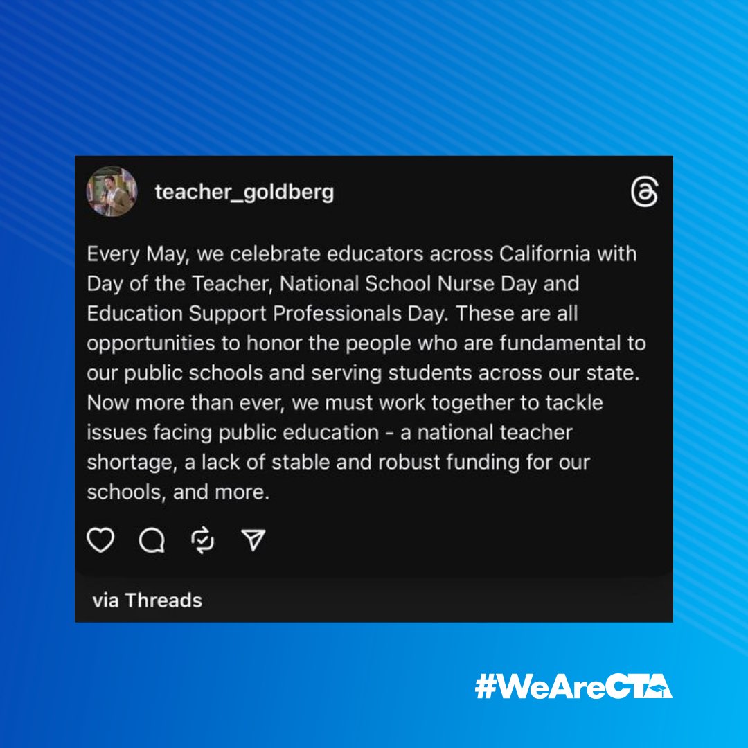 .@teachergoldberg was in Sacramento today to accept a #DayOfTheTeacher resolution. Check out the words he shared with the State Senate about what we must do to *truly* appreciate California’s educators.👇