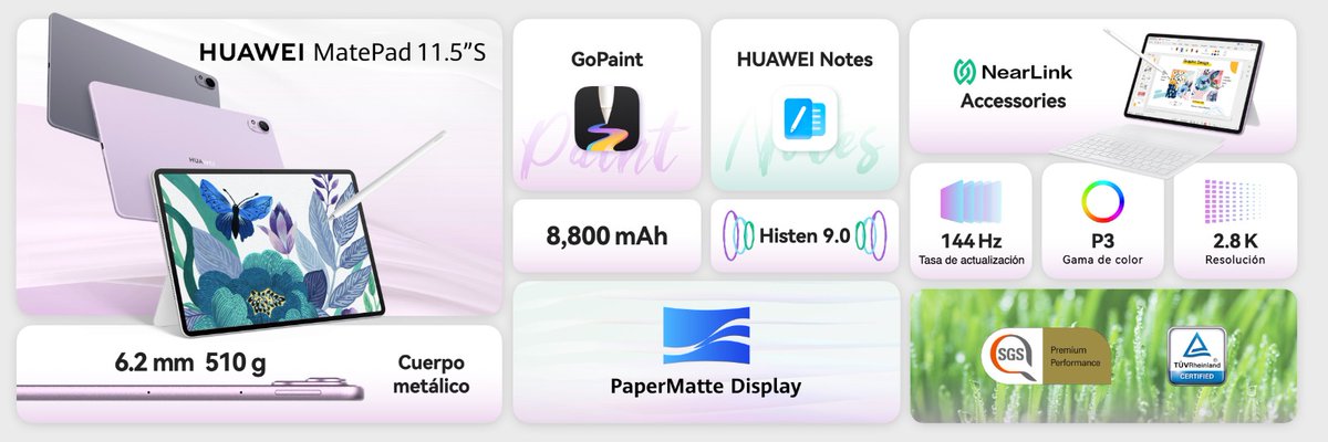 Conoce las principales características de #HUAWEIMatePad 11.5 S #PaperMatteEdition. Muy pronto podrás encontrarla en HUAWEI Store.