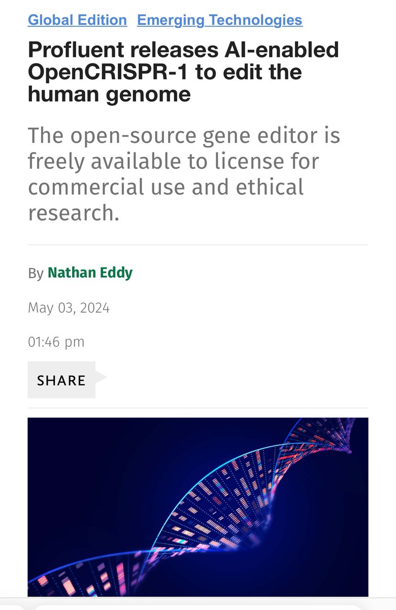 A.I is now editing genes 👀 AI-enabled protein design company Profluent has leveraged artificial intelligence to design an open-source gene editor called OpenCRISPR-1, demonstrating the technology can be used to create molecules with the power to edit human DNA.…