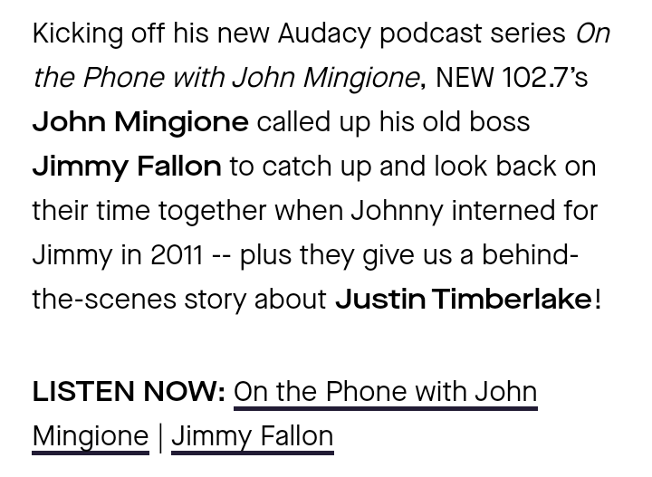 To kick off his new podcast, #JohnMingione speaks with his former boss,🍀 #JimmyFallon.🍀

Click here for the article, to listen to a great conversation, and watch some #LateNightwithJimmyFallon footage:

audacy.com/b96/news/on-th…