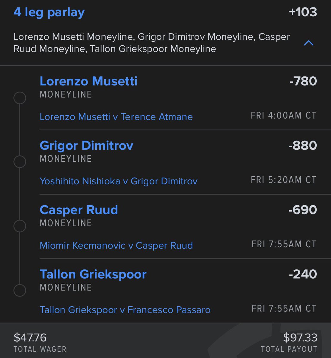 $10 to $10k CHALLENGE

DAY 3

Musetti ML
Dimitrov ML
Ruud ML
Griekspoor ML

Show some love if tailing ❤️🫡