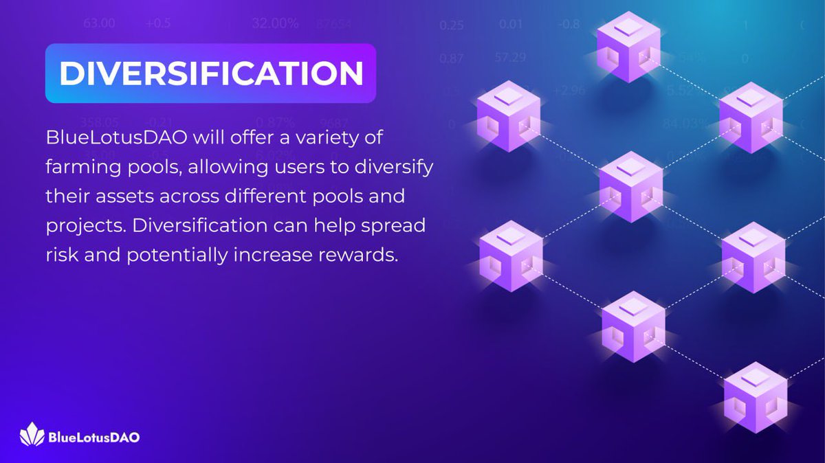 🔸 Diversification: BlueLotus DAO likely offers a variety of farming pools, allowing users to diversify their assets across different pools and projects. Diversification can help spread risk and potentially increase rewards.