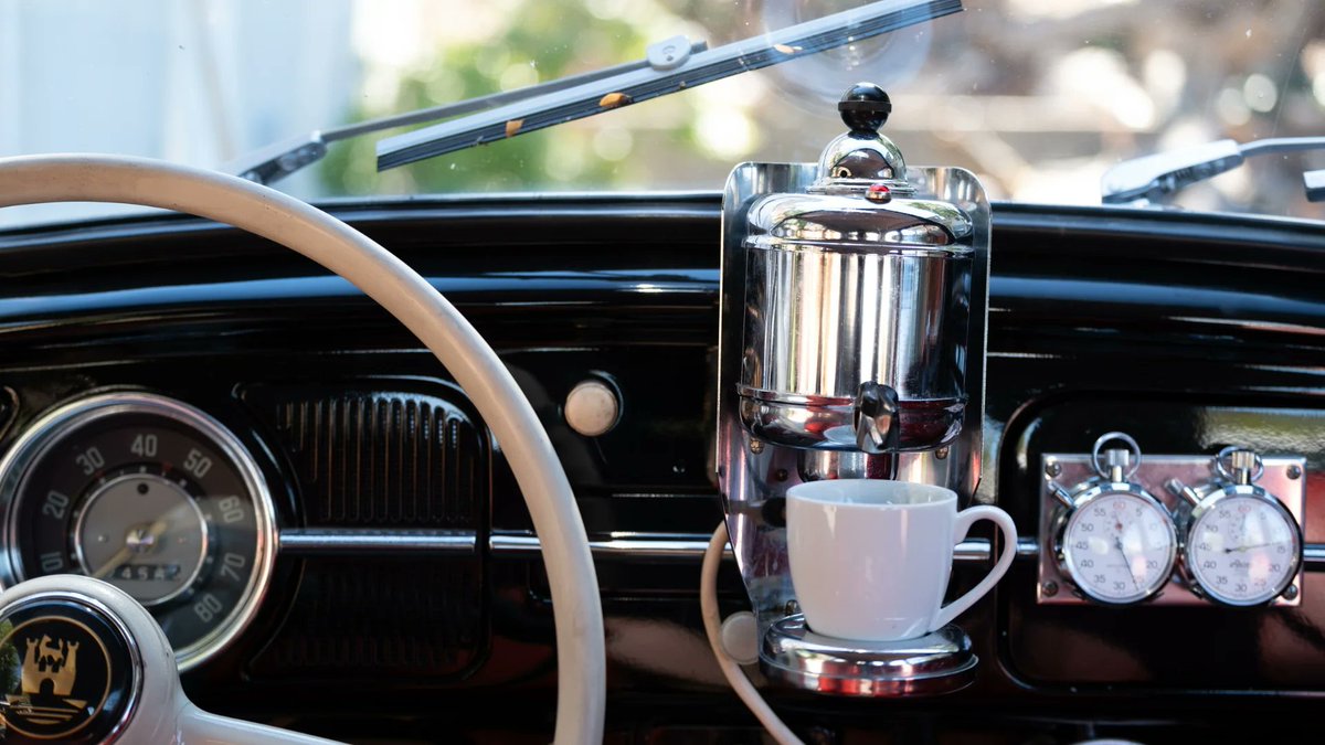 You could get a coffee maker in your VW in 1959, mounted right on to your dashboard. The porcelain cups could stick to the machine magnetically.