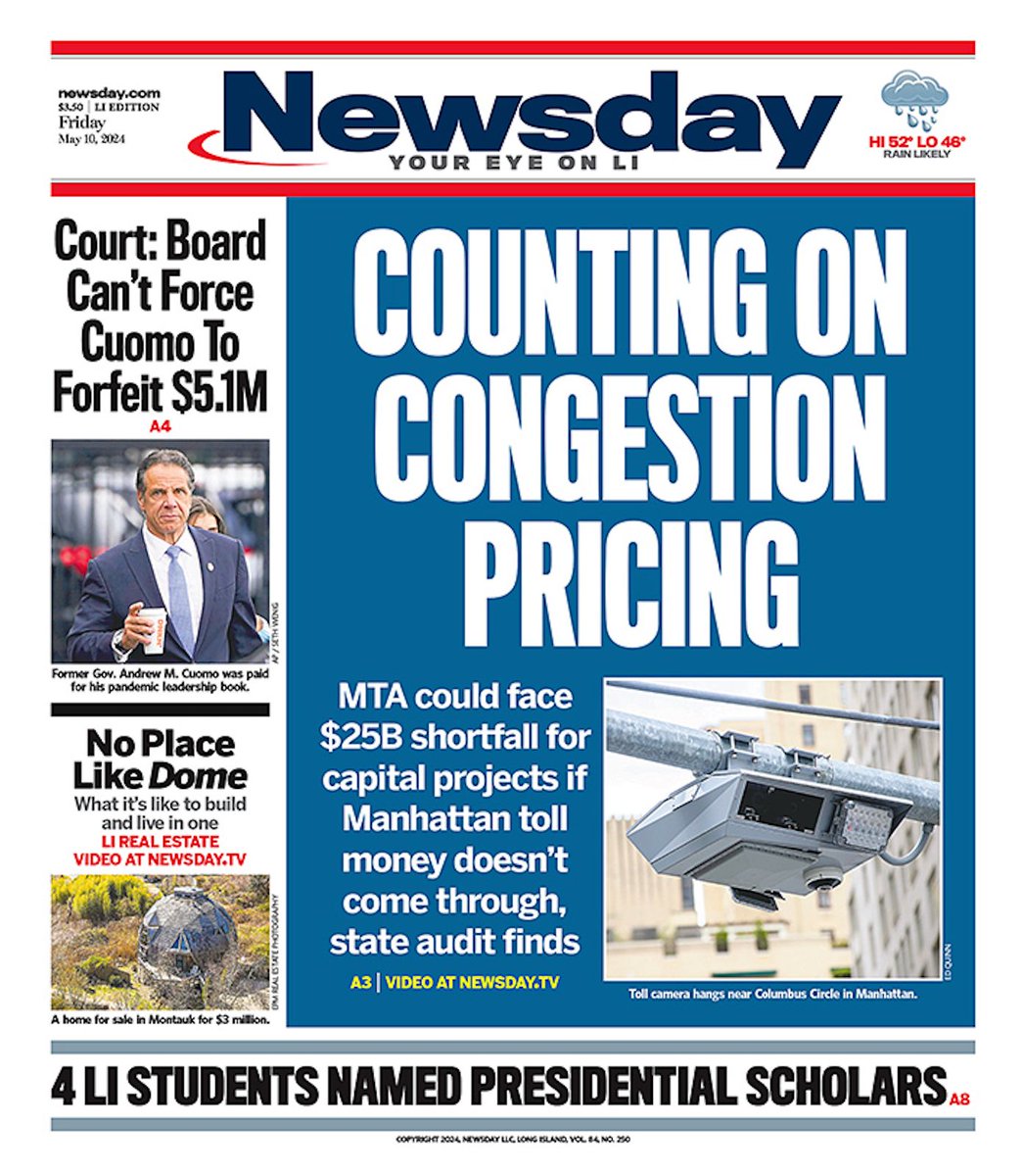 Friday's cover: MTA's capital plan faces $25B shortfall without congestion pricing. buff.ly/4btdix6