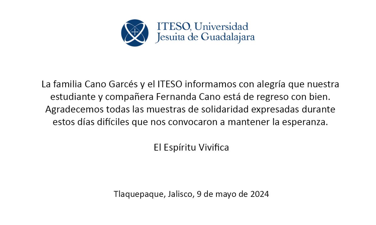 Confirman la localización de Fernanda Cano estudiante del Iteso, quién fue levantada el viernes pasado. @Meganoticias @MeganoticiasMx