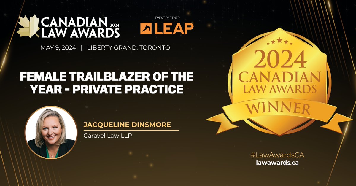 CanLawMag's tweet image. 🌟 Let's celebrate Jacqueline Dinsmore of Caravel Law LLP, recognized as the Female Trailblazer of the Year in Private Practice at #LawAwardsCA 2024! 

Learn more here: hubs.la/Q02wLZ1n0