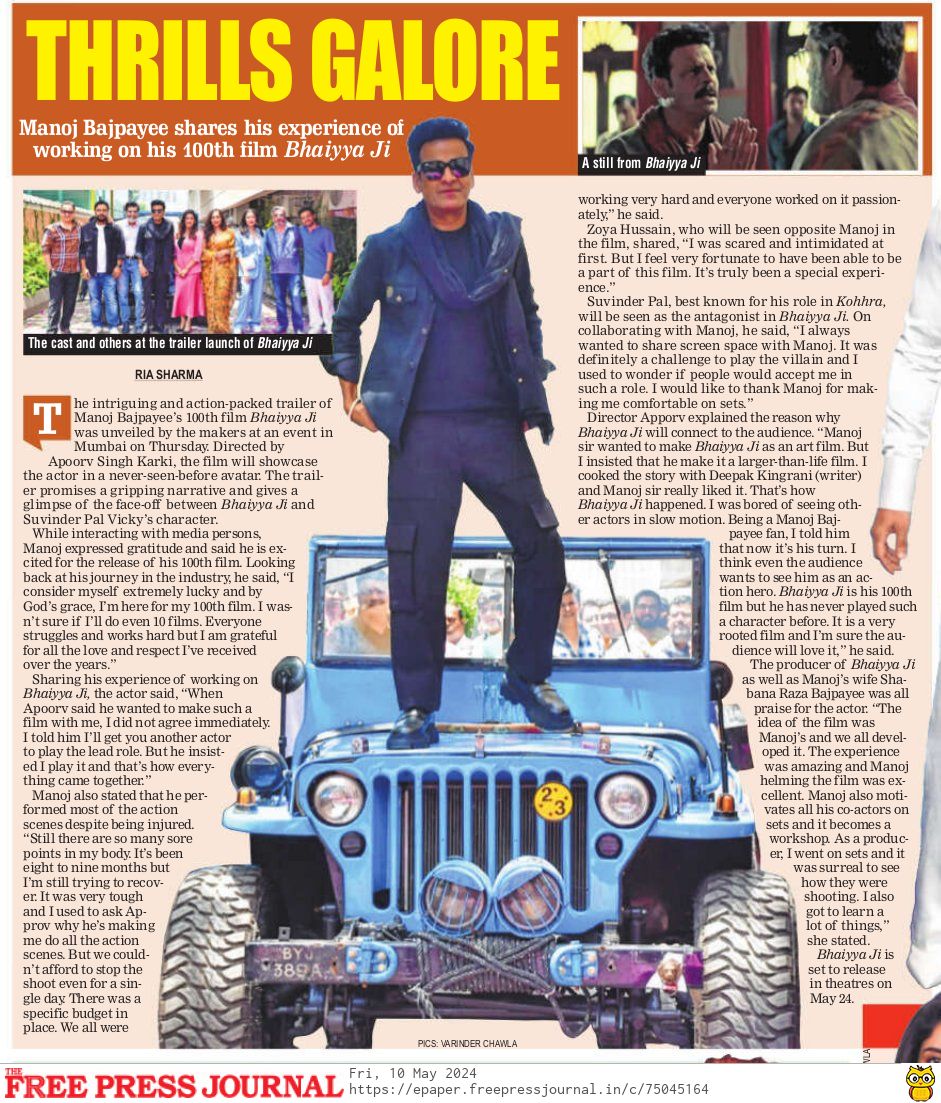 .@BajpayeeManoj On Being Injured While Shooting 'Tough' Action Scenes In #BhaiyyaJi: 'Been 8-9 Months, Still Have Sore Points' By @RiaSharma1125 freepressjournal.in/entertainment/…