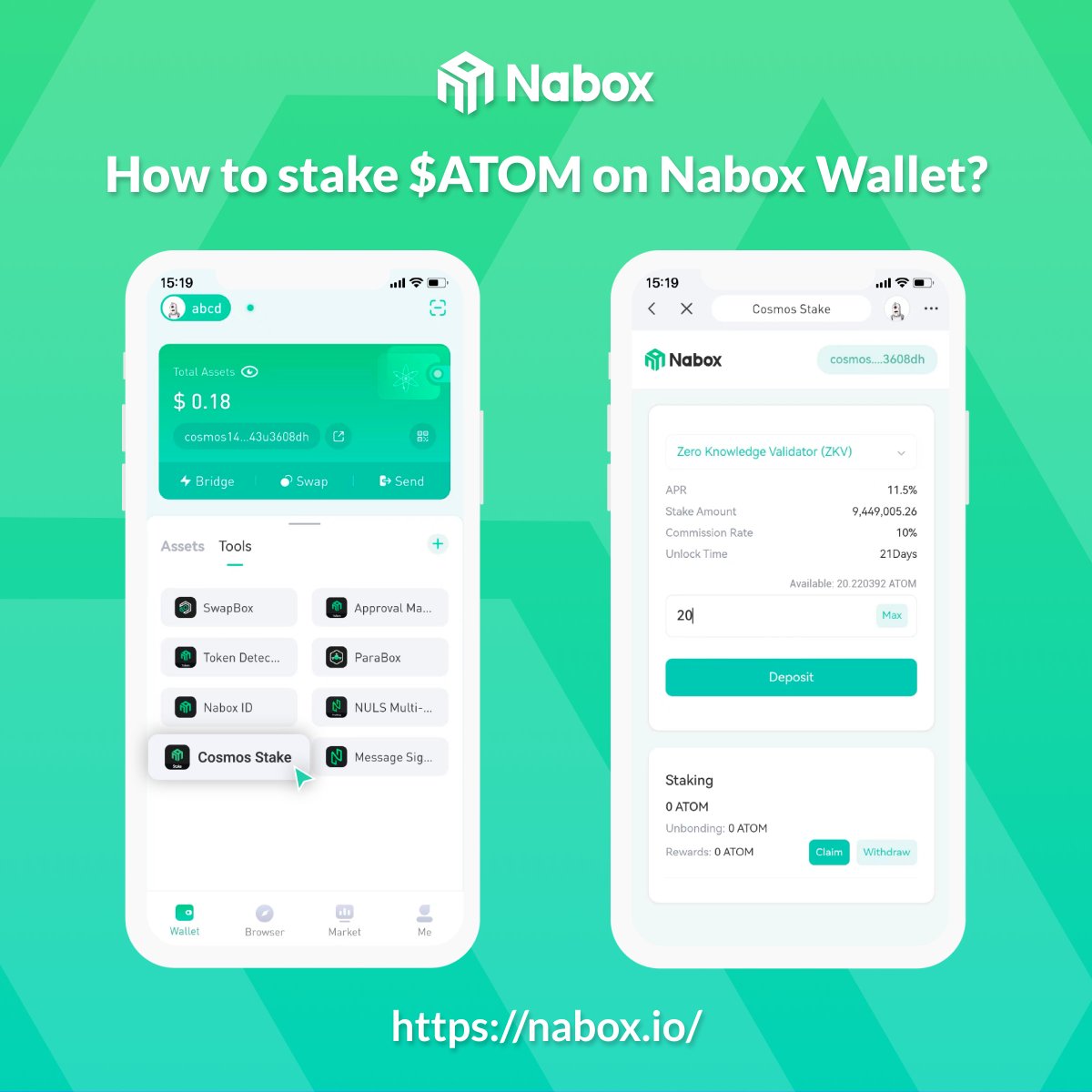 🧐 How to stake your $ATOM on #Naboxwallet? 👉 View the guide 1. Switch the network to Cosmos @cosmos 2. Click 'Tools' 3. Enter 'Cosmos Stake' DApp 4. Choose a node you prefer to stake 5. Input the amount, then click 'Deposit' #ATOM #Stake #Cosmos #Nabox