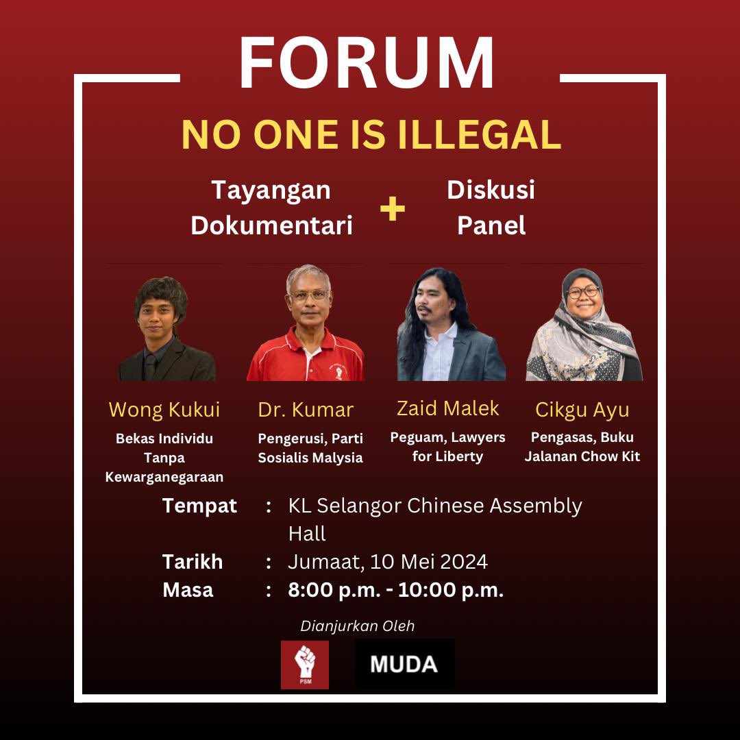 TONIGHT! @ 8PM, KL Selangor Chinese Assembly Hall (KLSCAH) - <a href="/ZaidMalek/">Zaid Malek</a> will be speaking at the “No One is Illegal” forum. 

Come join us for this important discussion. We hope to see you all there! 

#endstatelessness
