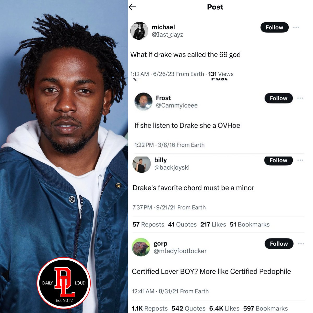 DailyLoud's tweet image. Fans are claiming that Kendrick Lamar stole their tweets and turned them into lyrics for his Drake diss records.