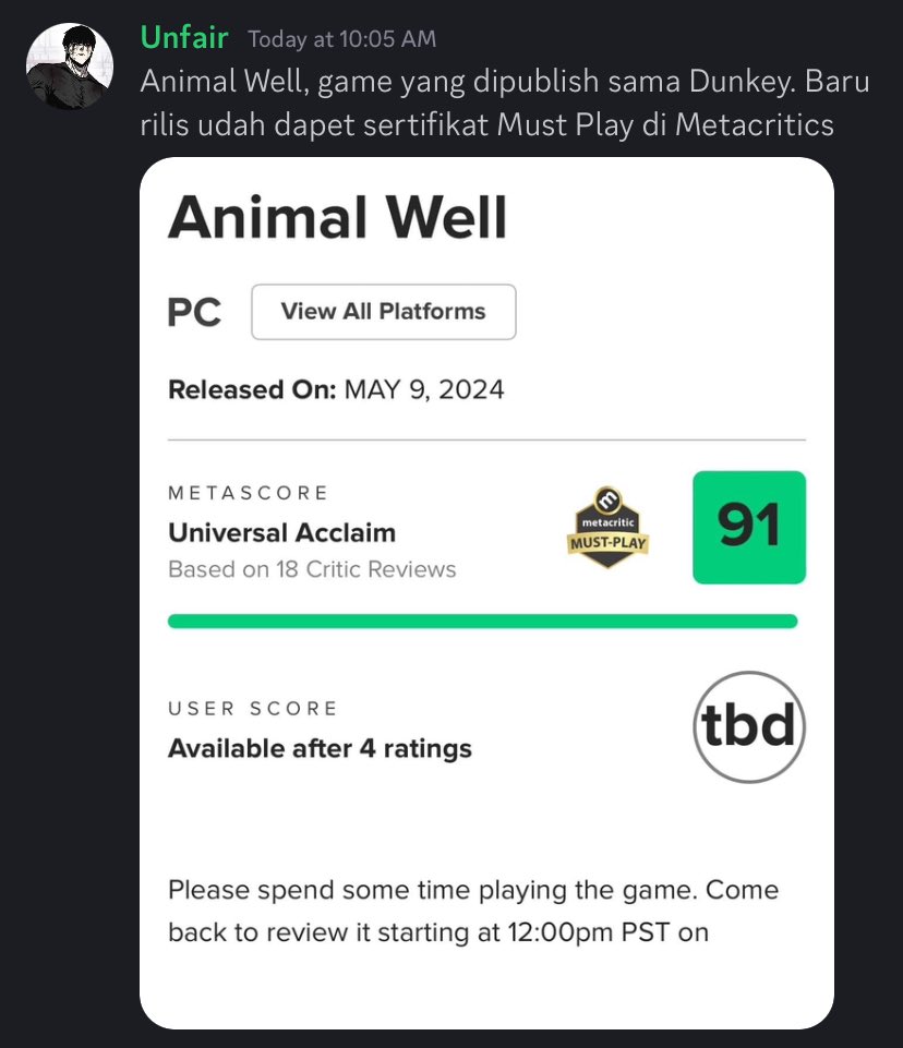 Animal Well, baru rilis reviewnya bagus2, memang Dunkey kalau milih game bener2 game yang berkualitas!

Reviews:
•    Eurogamer 5/5
•    IGN 9/10
•    GameSpot 9/10
•    Game Informer 9/10
•    GamesRadar+ 9.5/10
•    Nintendo World 10/10
•    SkillUp: Strongly Recommended