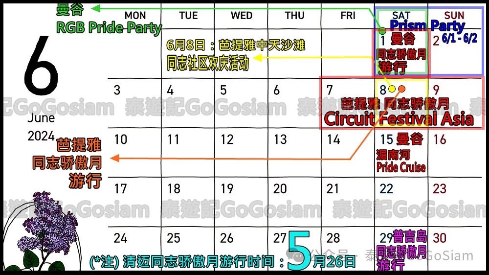 2024年6月同志骄傲月曼谷、芭提雅、清迈、普吉的同志骄傲月大游行 时间及行程 终于官宣，各位可以根据6月泰国同志骄傲月各项活动的具体时间开始预订机票泰国相聚了！

另外，自从新政府上台以来，毒品政策一直是在收紧中，前天总理又要求把大麻重新列为管制品。所以大家一定注意安全。祝玩得开心！