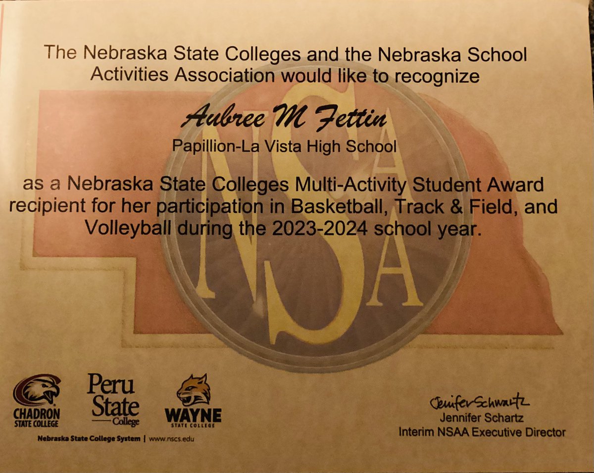 Congratulations @AubreeFettin!!! I am so proud of your hard work and dedication in the classroom and on the court and track! #multiplesport @Premier_15Gold @PapioGirlsTrack @PLHS_Volleyball @PapioGirlsBBall
