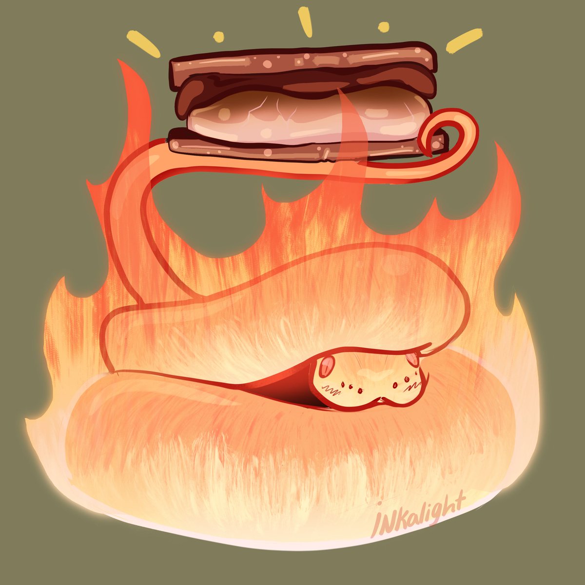 Inkalight's tweet photo. Day 9/31 Boitatá
The blazing danger noodle is in fact a friend and has brought a snack for your upcoming journey, he made it himself!
#mythsofmay #mofm #mythsofmay2024 #mofm2024 #snake #boitata #boitatá #smores https://t.co/70aAw6wpAD