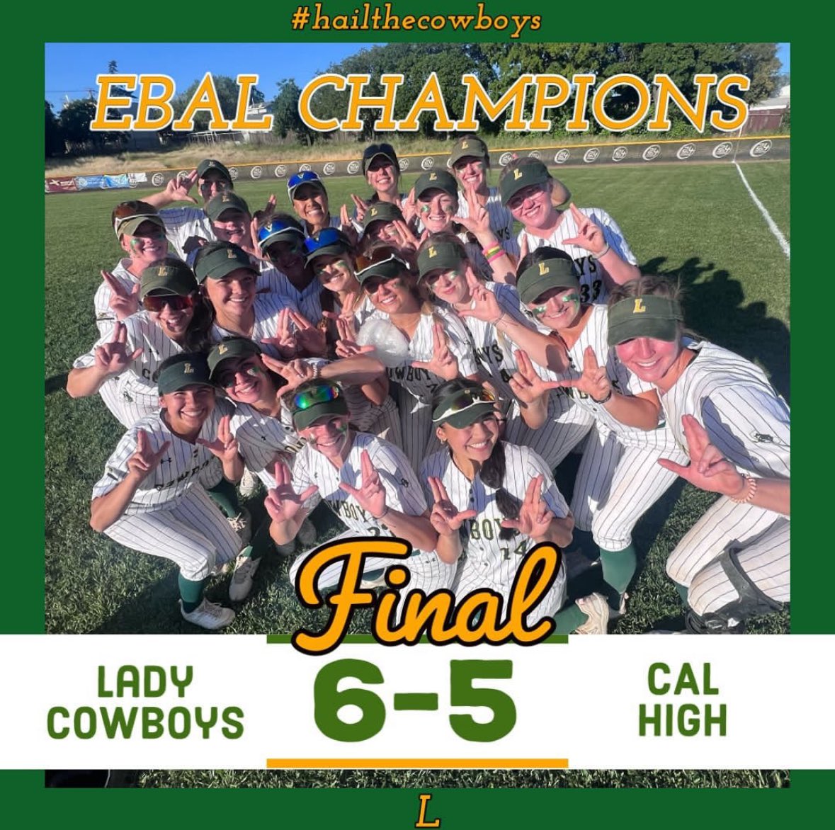 EBAL CHAMPIONS for the second time EVER!! 🏆 Proud of us!!!💚🤠💛 On to NCS playoffs next week. #hailthecowboys @LHSSoftball8 @THE_EBAL_SPORTS @CIFNCS @westcoastpreps_ @49erscalhi @MaxPreps