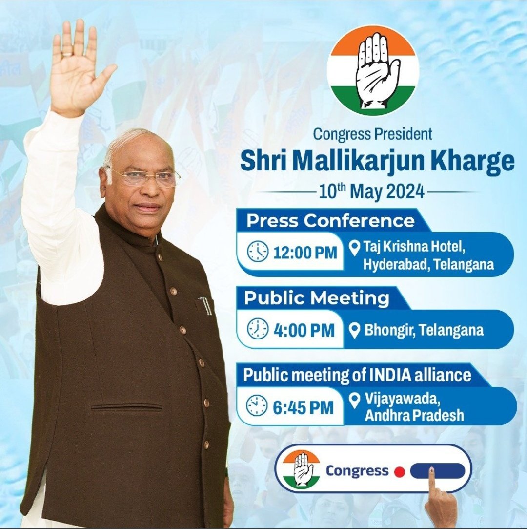 Congress President Shri @kharge will interact with media and address the public in Telangana, followed by a rally in Andhra Pradesh. Stay tuned to our social media handles for live updates. 📺 x.com/incindia 📺 facebook.com/IndianNational… 📺…