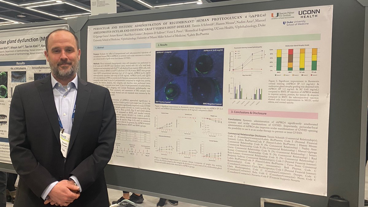 Great time catching up with friends at #ARVO, and presenting a poster on the therapeutic effects of recombinant human #PRG4 #lubricin on the ocular manifestations of GVHD (administered systemically or periocular)! Great preclinical work by lab of Dr. Victor Perez, more to come.