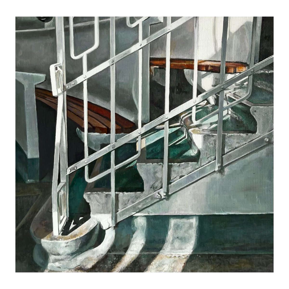 The following is a work in progress and this is also a working title; 

First Lecture (University of Vienna)
Oil on canvas paper 
20 x 20 cms
#wip #sunlight #stairdesign #staircase #painting #oilpainting #contemporarypainting